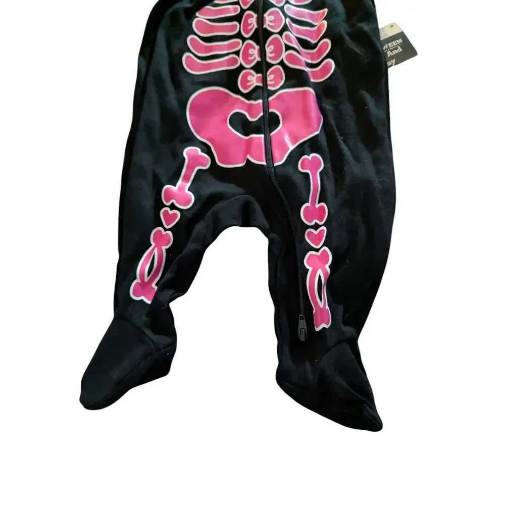 Baby Girls Pink Black Halloween Skeleton 1 Piece Sleeper Footed 0-3 Months New